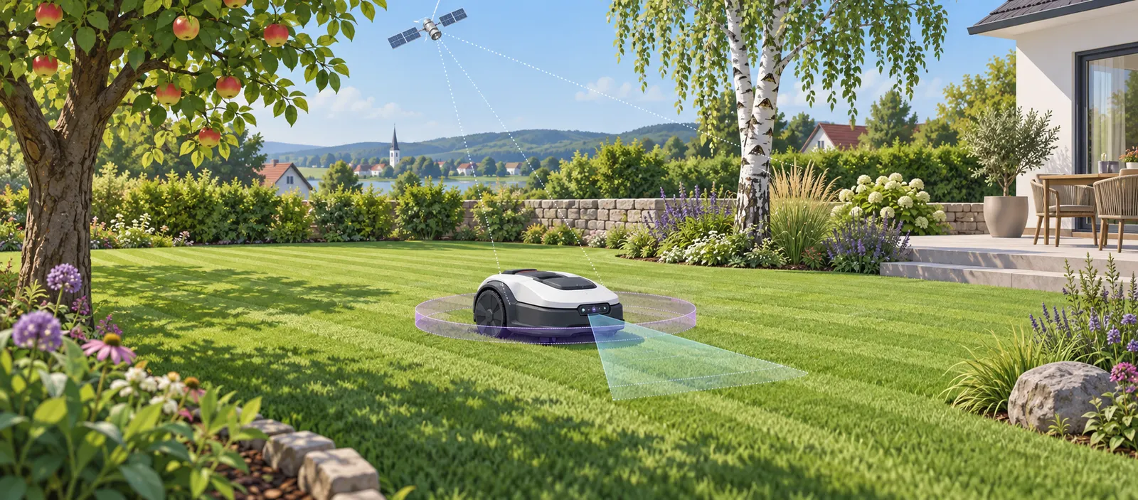 Mähroboter ohne Begrenzungskabel mäht einen Garten mit Apfelbaum, Birke und Steinmauer, angedeutet sind RTK-Satellit, LiDAR-Scan und Kamerasichtfeld